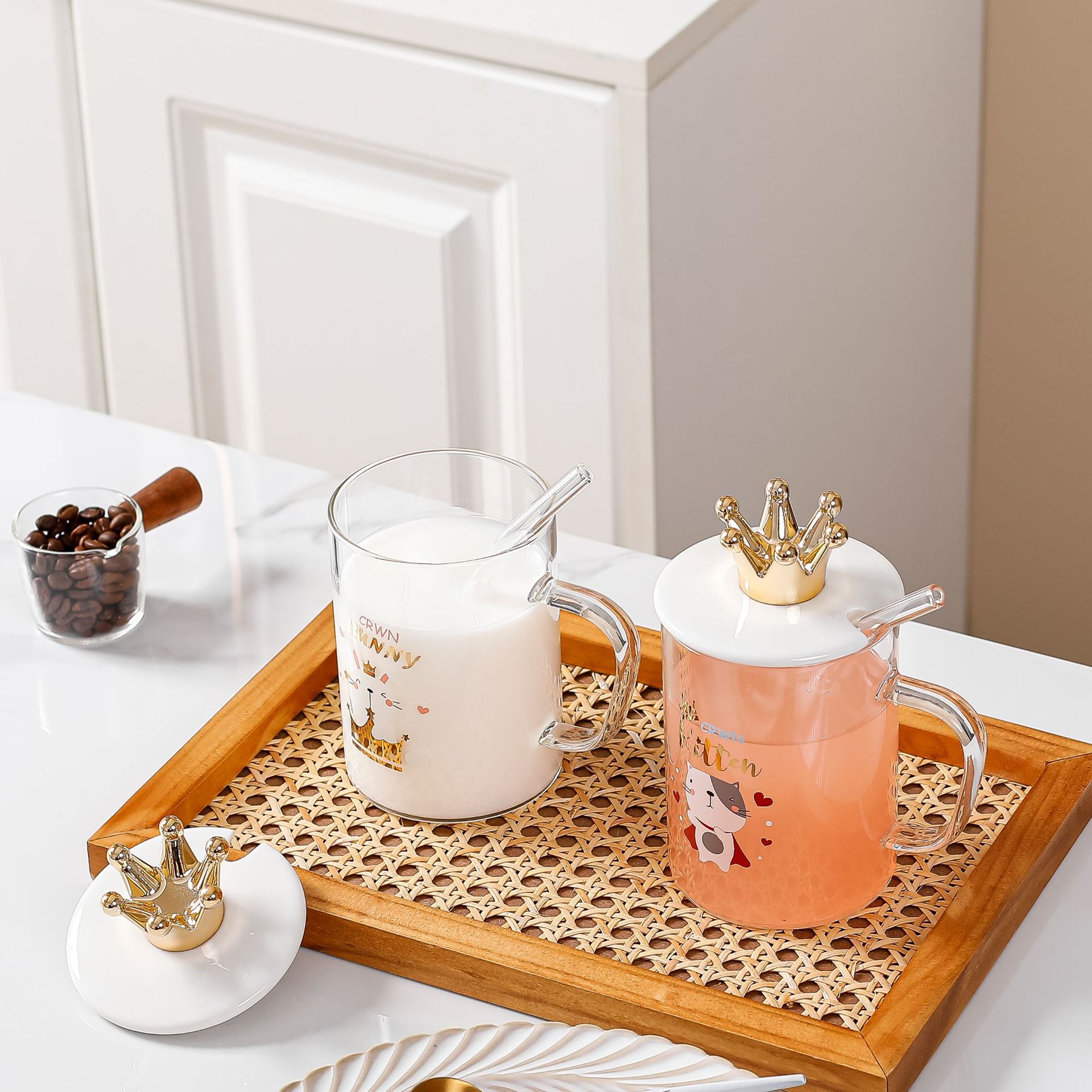 创意高颜值玻璃水杯皇冠主题玻璃吸管牛奶杯咖啡杯高棚玻璃杯礼品