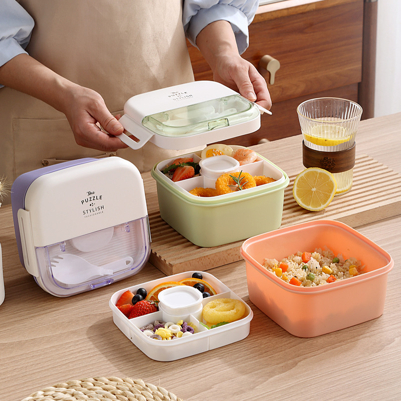 INS双层沙拉饭盒小分格上班便当盒学生便携微波炉午餐盒bento box